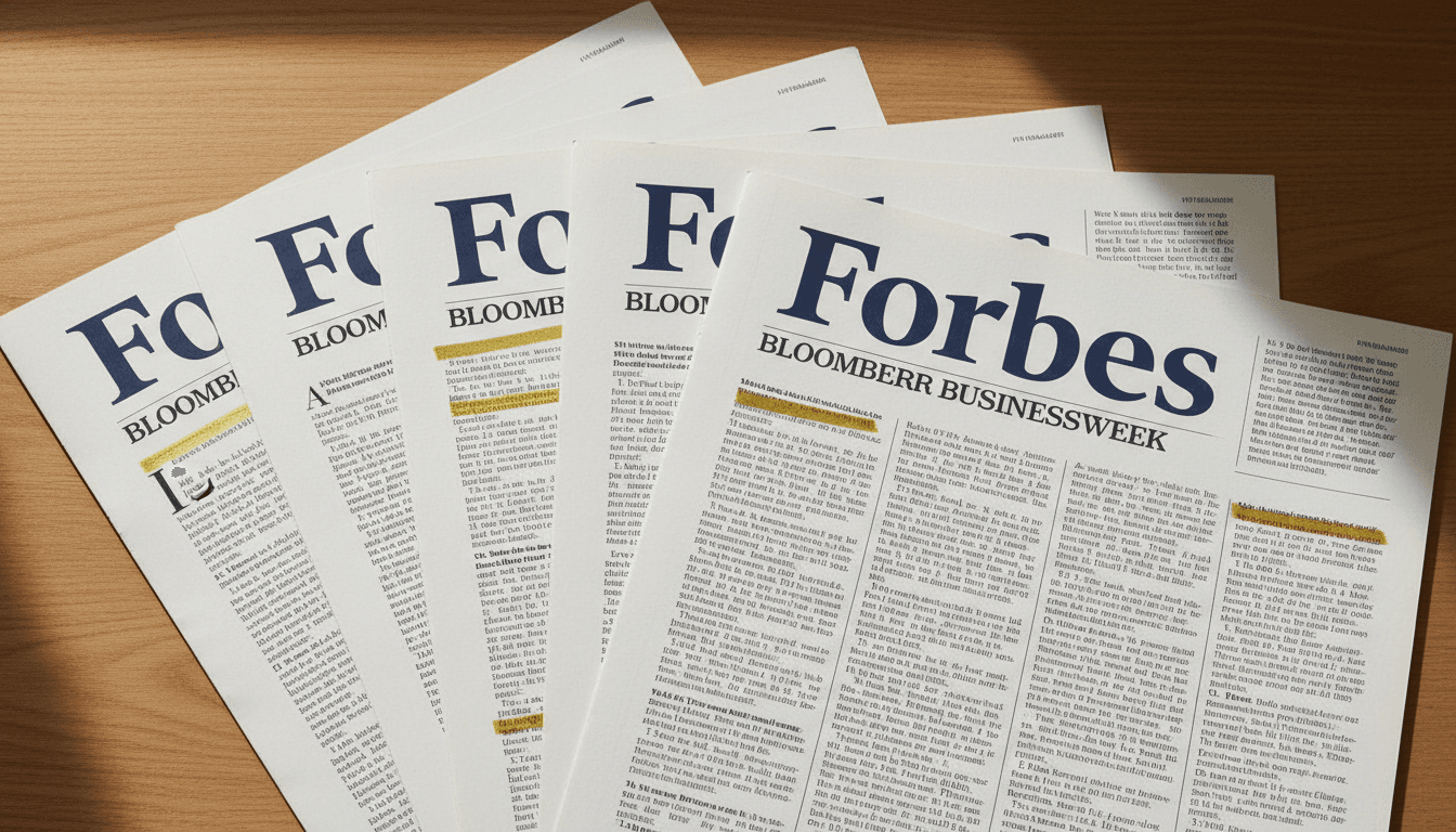 Printed editorial coverage from Forbes and Bloomberg publications showing brand citations